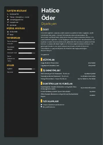 Beslenme Uzmanı Diyetisyen CV Örnekleri cv indir